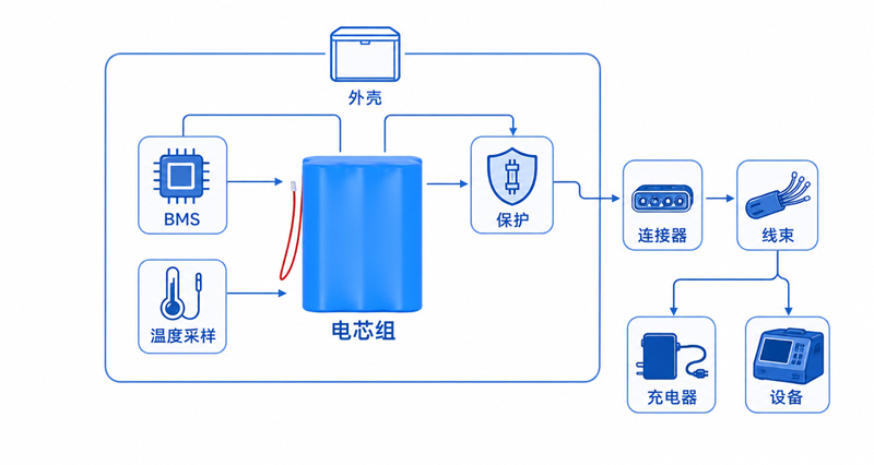 锂电池PACK电芯BMS连接器线束外壳和设备接口关系图 锂电池PACK电芯BMS连接器线束外壳和设备接口关系图